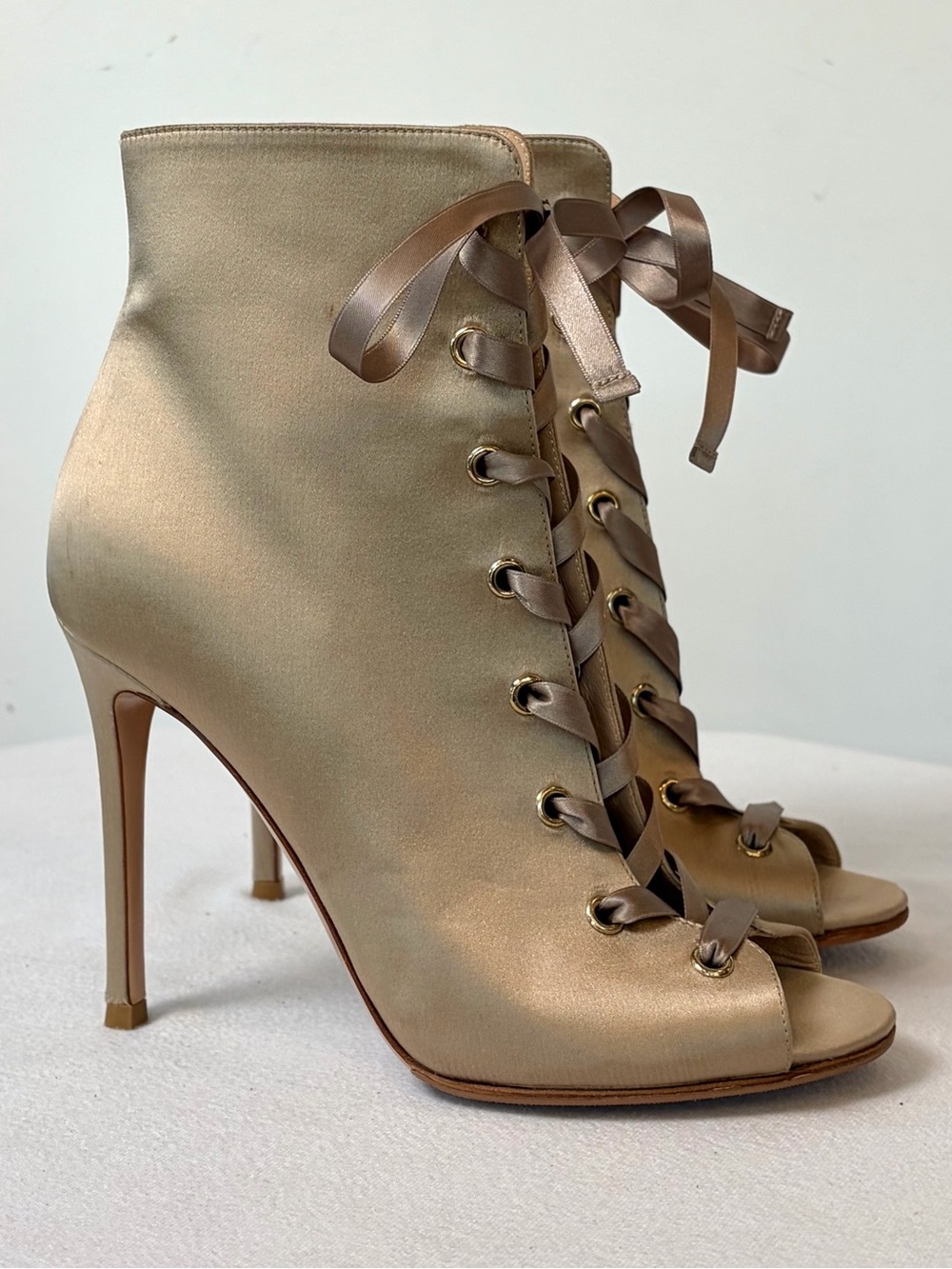 Gianvito Rossi Satin Lace‑Up Peep‑Toe Ankle Boots, ribbons,Champagne,36, EUC